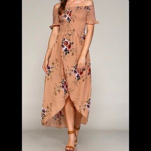 Boston Proper  Floral Maxi Dress. Tan color.Size L